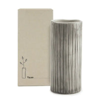 East of India scratched lines grey vase.   Pictured with gift box.