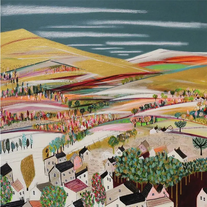 Greetings card painting of a view of gentle hills and a valley with trees and houses.