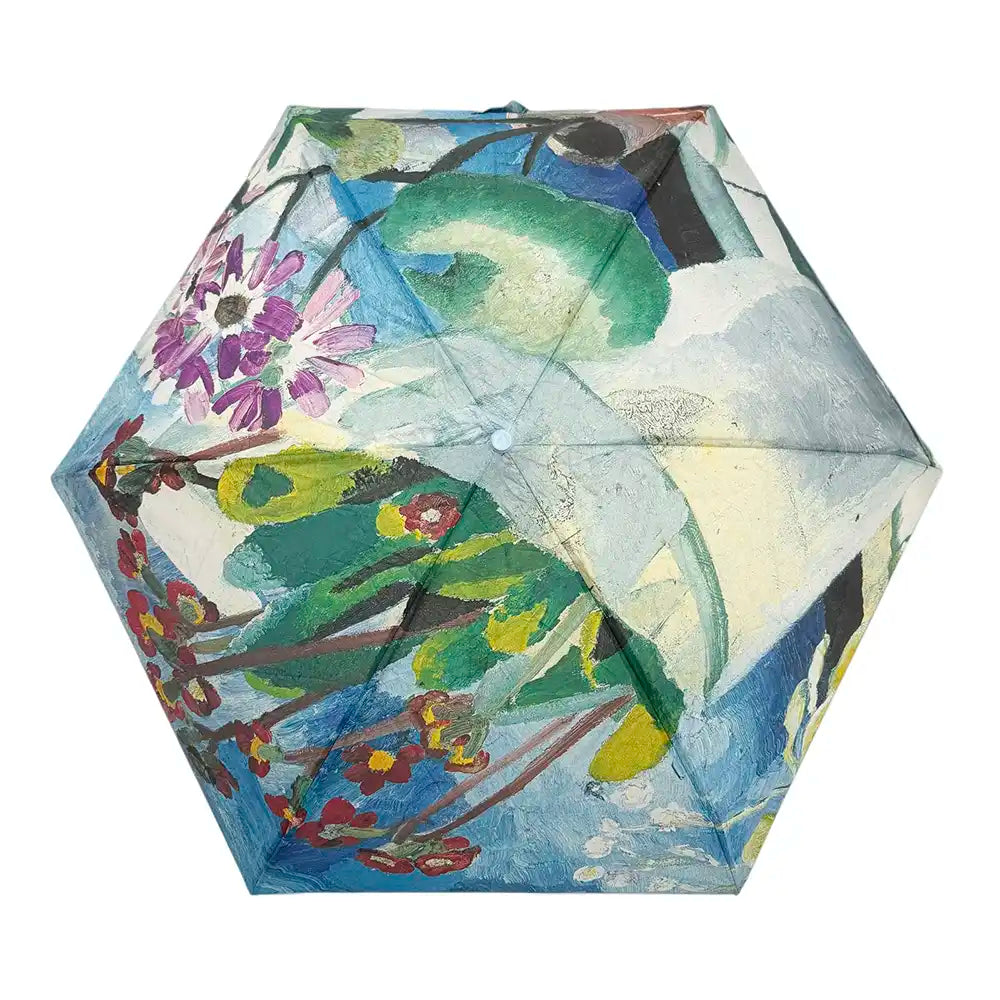 Hexagonal umbrella with a colorful floral design on a white background