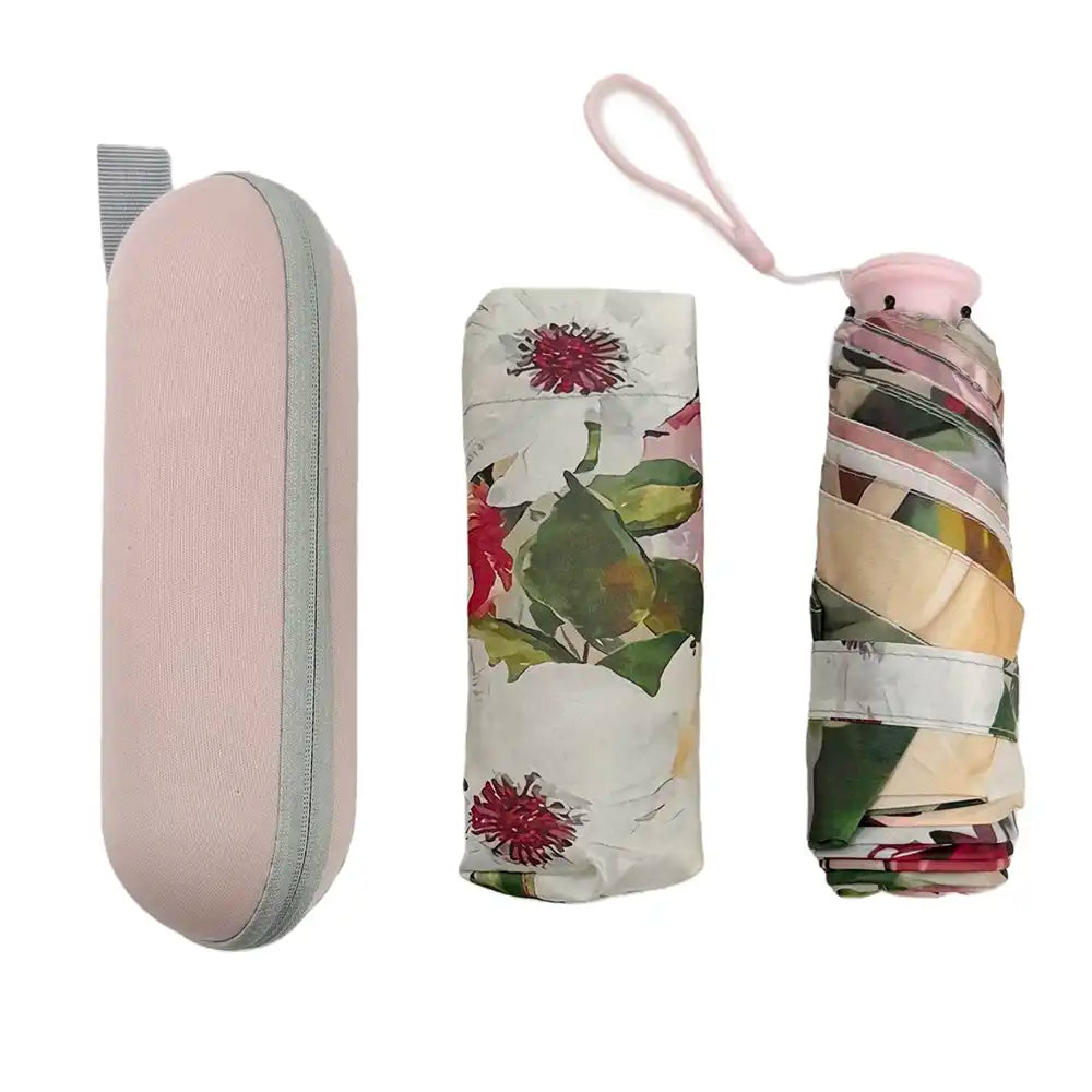 Foldable floral umbrella with pink case on a white background