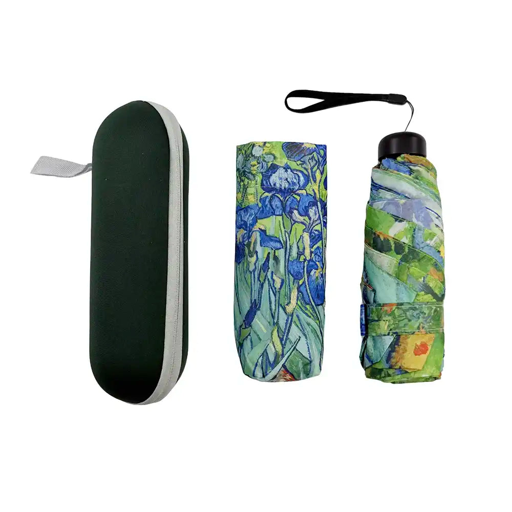 Foldable umbrella with Van Gogh-style floral design and black handle, shown open and closed.