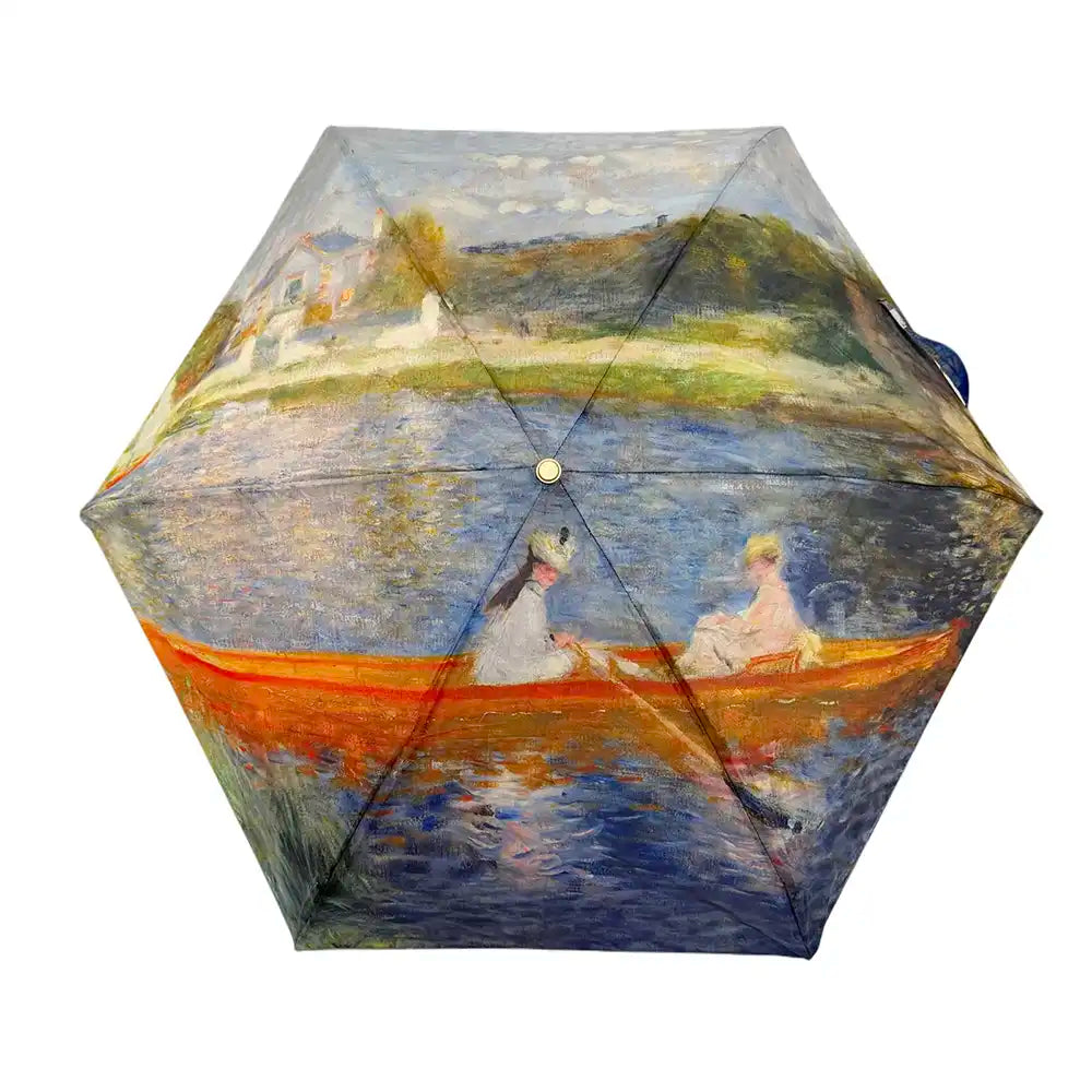 Open umbrella with Renoir skiff painting