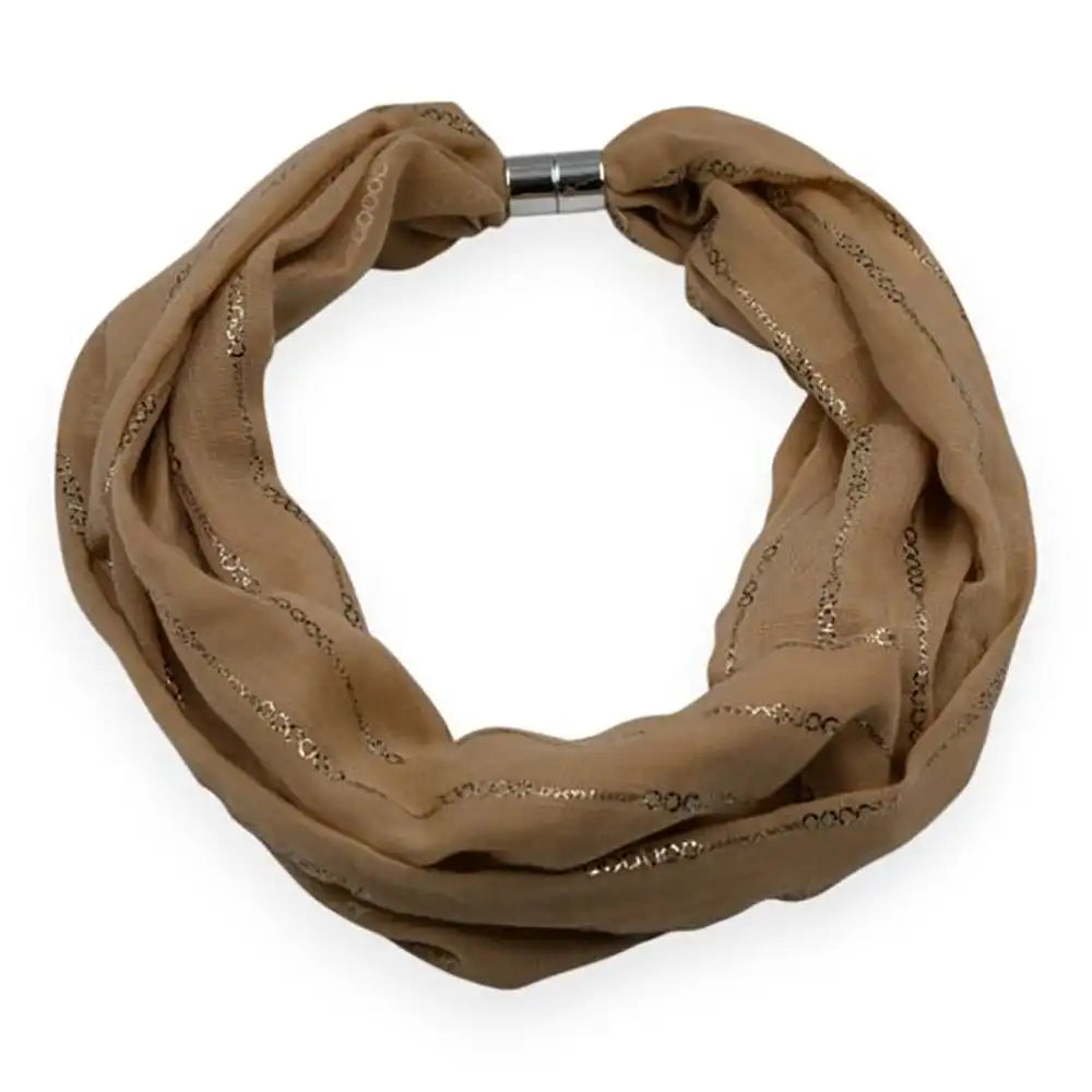 Biscuit coloured scarf with a silver magnetic clasp and silver chain foiling.