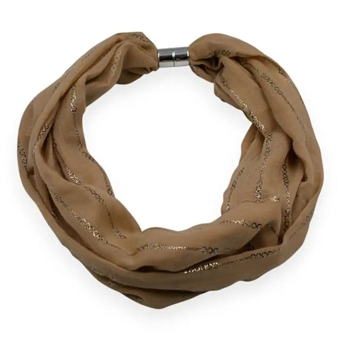 Biscuit coloured scarf with a silver magnetic clasp and silver chain foiling.