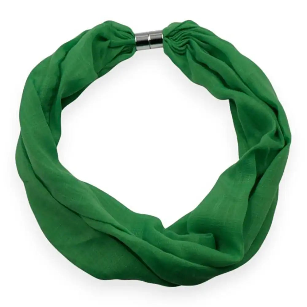 Green coloured scarf with a silver magnetic clasp.