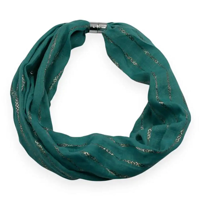 Teal coloured scarf with a silver magnetic clasp and silver chain foiling.