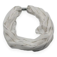 White coloured scarf with a silver magnetic clasp and silver chain foiling.