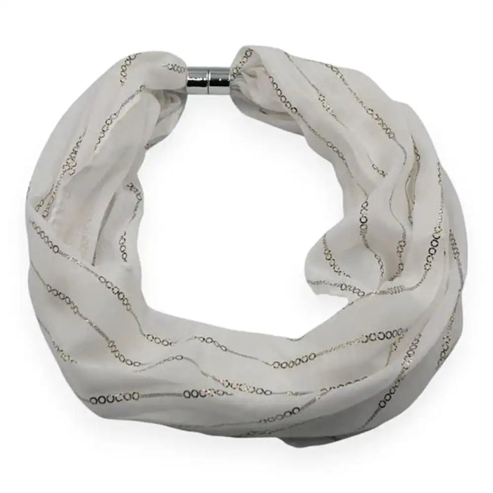 White coloured scarf with a silver magnetic clasp and silver chain foiling.