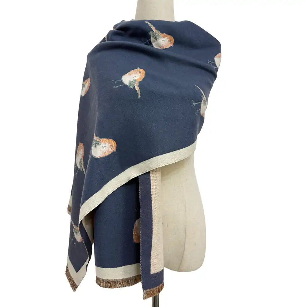 Denim blue scarf draped over ghost model with robins on. Frayed edges.