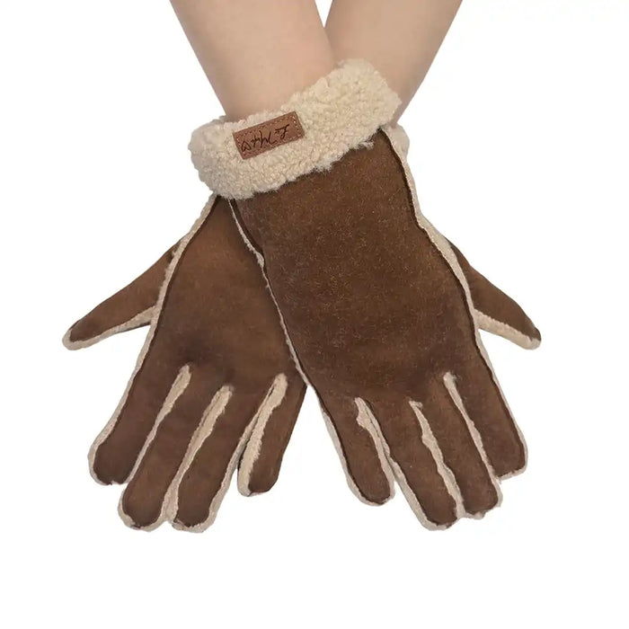 A pair of brown suede-like gloves with cream sherpa lining and a matching cream cuff, shown on a person's hands against a plain white background.