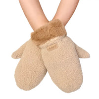 A pair of beige sherpa fleece winter mittens with a brown faux-fur cuff, shown being worn on hands against a plain white background.