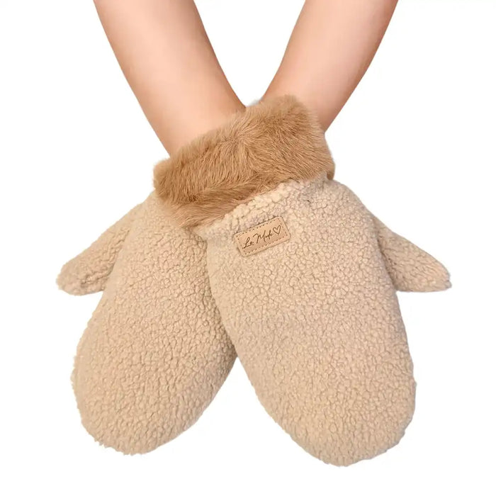 A pair of beige sherpa fleece winter mittens with a brown faux-fur cuff, shown being worn on hands against a plain white background.