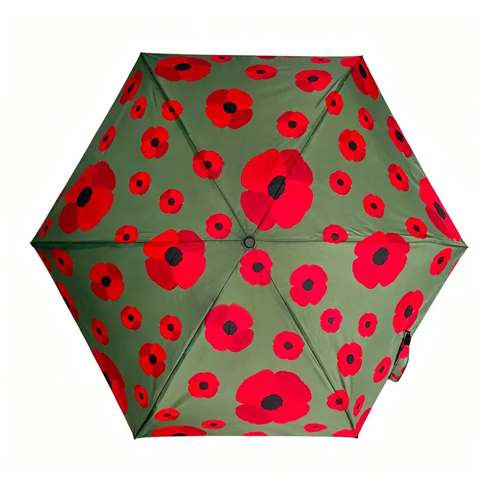 An open umbrella viewed from above, featuring a green background with a repeating pattern of large red poppy flowers with black centers.