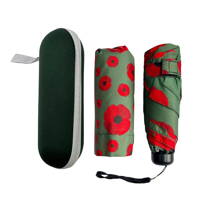 A compact umbrella set shown in three views on a white background: an open dark green case with a gray edge and a gray loop, a folded umbrella wrapped in olive green fabric with large red poppy flowers, and the umbrella closed diagonally showing the red-and-green floral pattern.