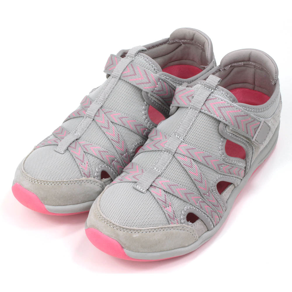 Grey leather and fabric uppers. Pink soles and inner soles. Purple and pink chevron straps and foot bracing. Padded ankle supports. Angled view.