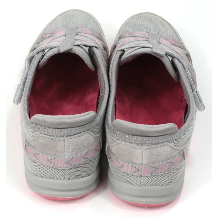 Grey leather and fabric uppers. Pink soles and inner soles. Purple and pink chevron straps and foot bracing. Padded ankle supports. Back view.