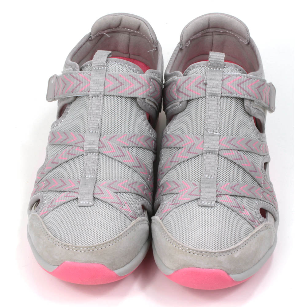 Grey leather and fabric uppers. Pink soles and inner soles. Purple and pink chevron straps and foot bracing. Padded ankle supports. Front view.