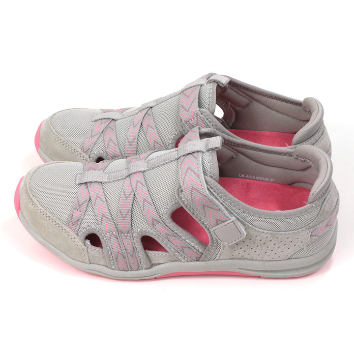 Grey leather and fabric uppers. Pink soles and inner soles. Purple and pink chevron straps and foot bracing. Padded ankle supports. Side view.