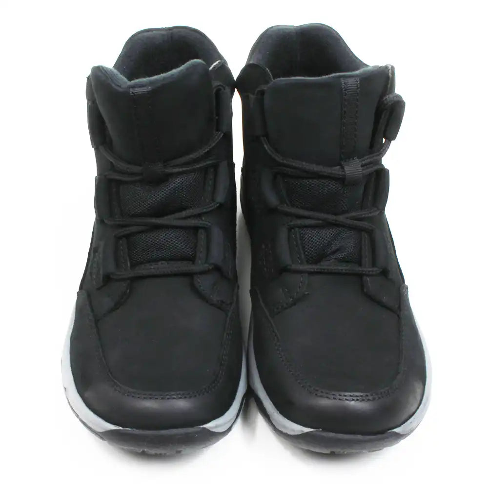 Free Spirit Gem low ankle boots in black. Lace ups with grey edges on black soles. Padded ankle cuffs. Front view.