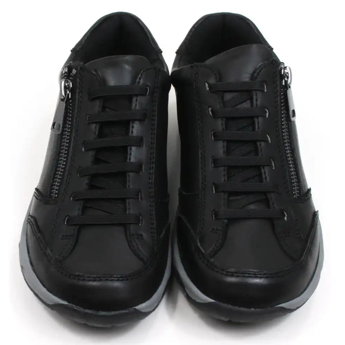 Free Spirit Hadlee black trainer style shoes. Black laces and a black zip for fitting and adjustment. Padded ankle cuffs. Front view.