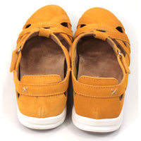 Leather sandals which enclose feet and heels. Bright mustard colour. Back view.