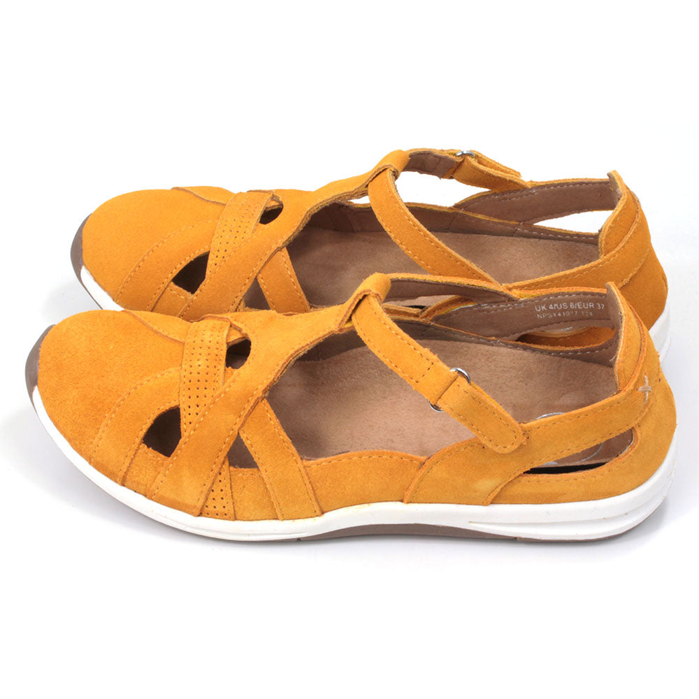 Leather sandals which enclose feet and heels. Bright mustard colour. Side view.