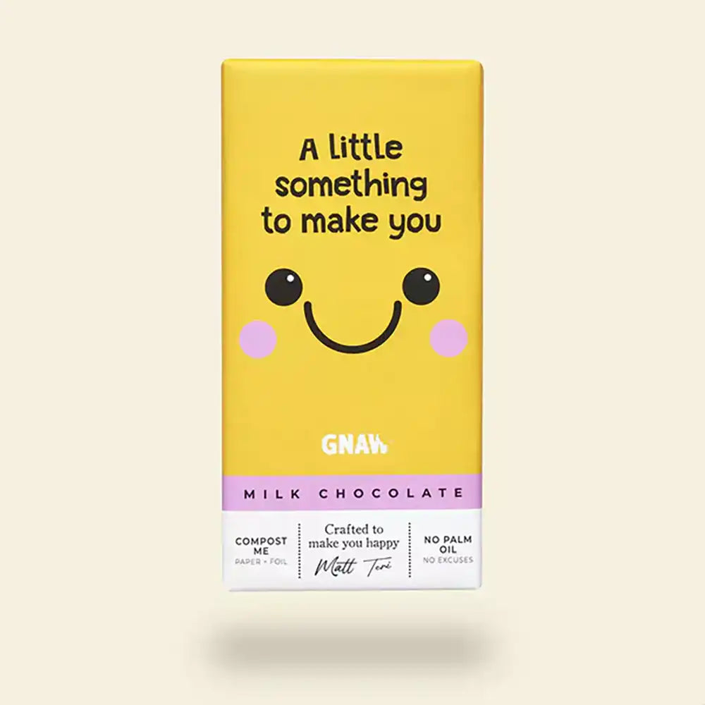  Yellow packaging features a saying of 'a little something to make you' and in the middle has a smiling face.