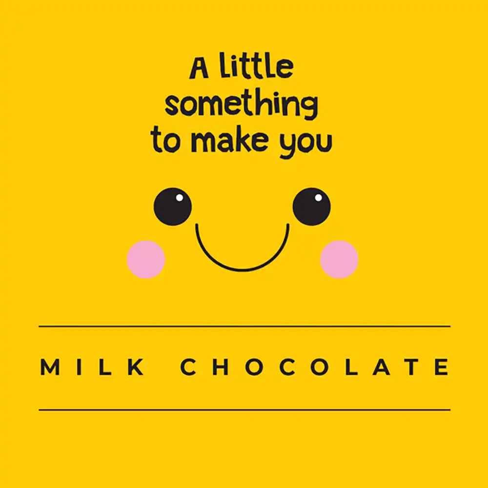 Yellow packaging features a saying of 'a little something to make you' and in the middle has a smiling face.