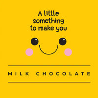 Yellow packaging features a saying of 'a little something to make you' and in the middle has a smiling face.
