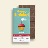 A chocolate bar peering out from the cover of pale blue coloured packaging. Pale Blue packaging features a saying of 'Happy Birthday (Make a wish)'.