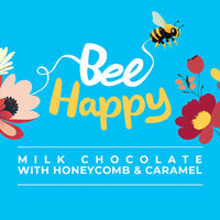 Promotional graphic for 'Bee Happy' milk chocolate with honeycomb and caramel, featuring a bee and flowers on a blue background.