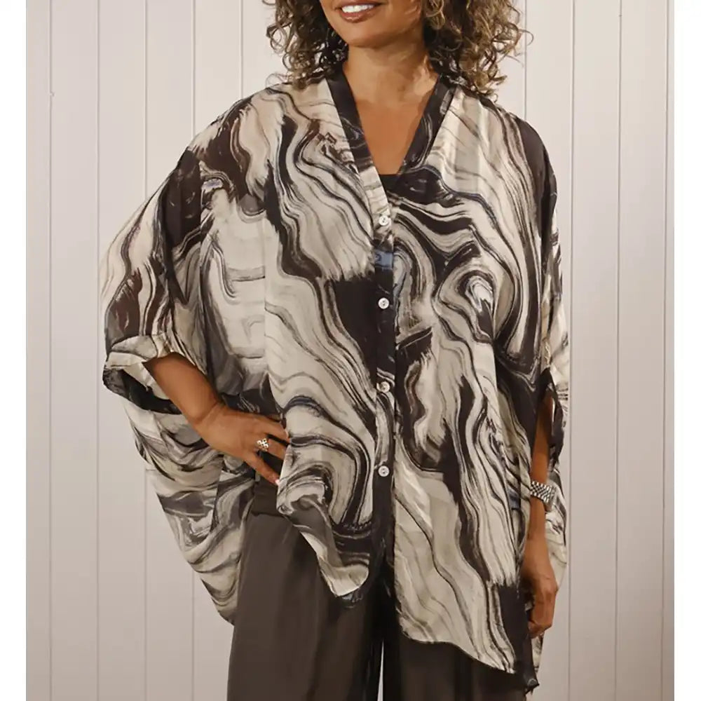 Silk Swirl Batwing Blouse - Chocolate