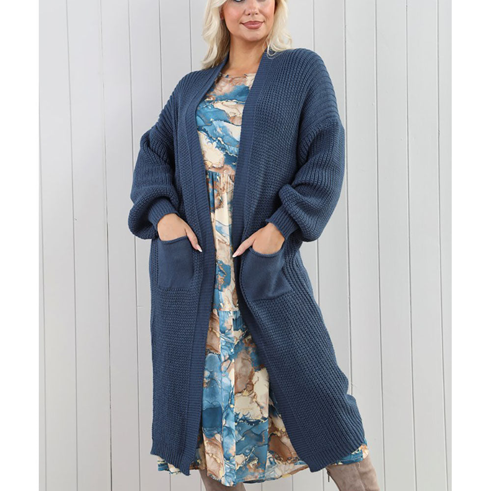 Longline Cable Knit Cardigan - Petrol Blue