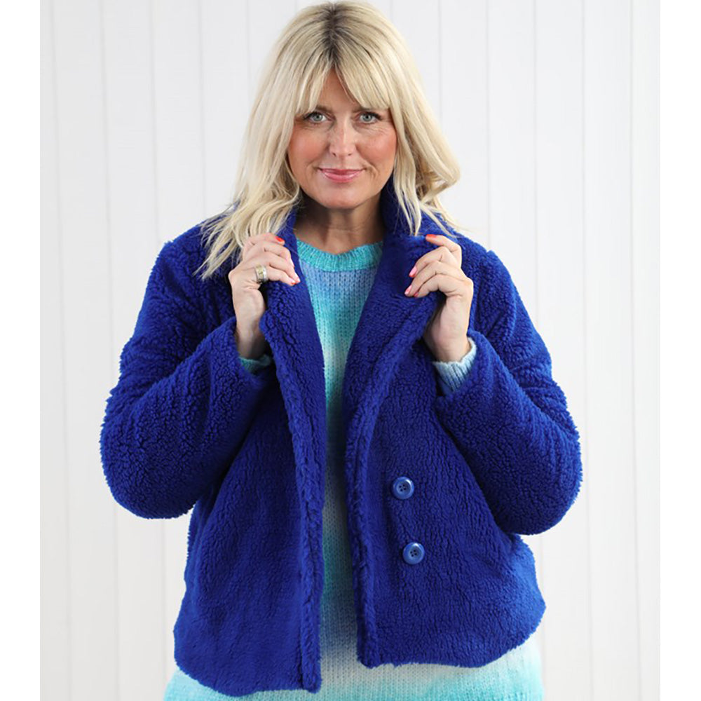 Button Fastening Teddy Coat - Royal Blue