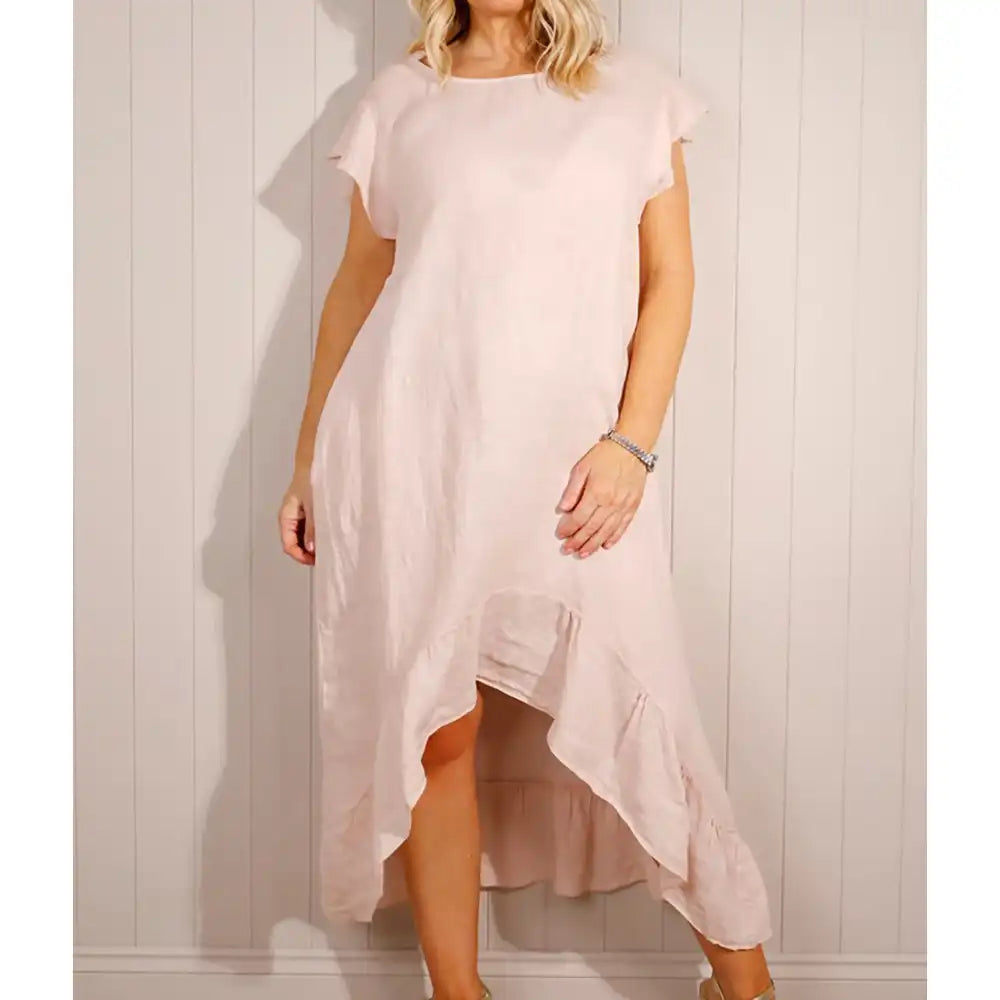 Linen Frill High Low Dress - Pink