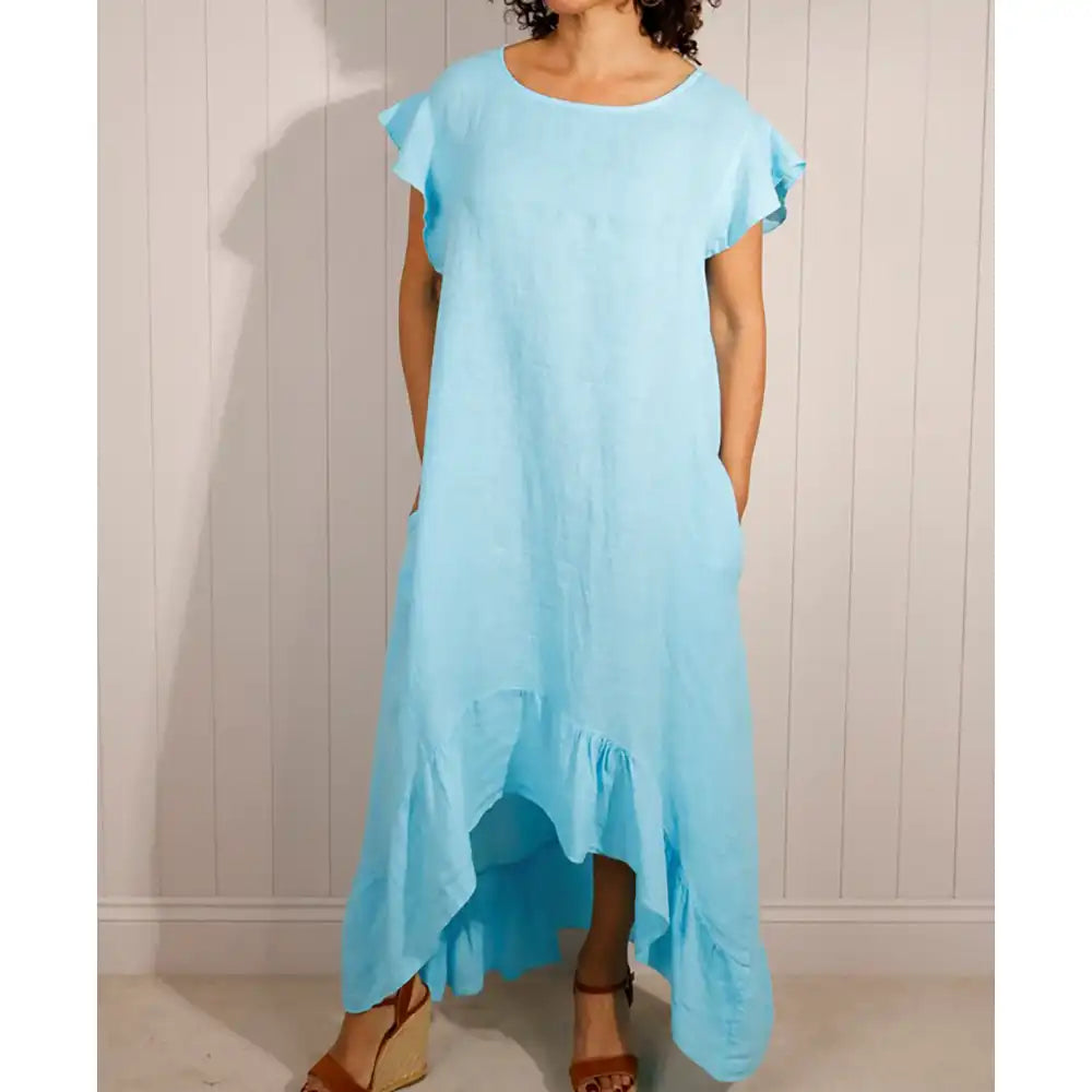 Linen Frill High Low Dress - Turquoise