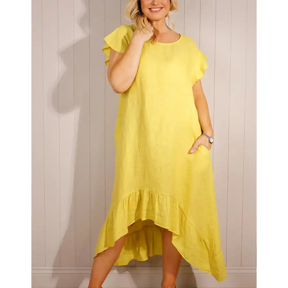 Linen Frill High Low Dress - Yellow