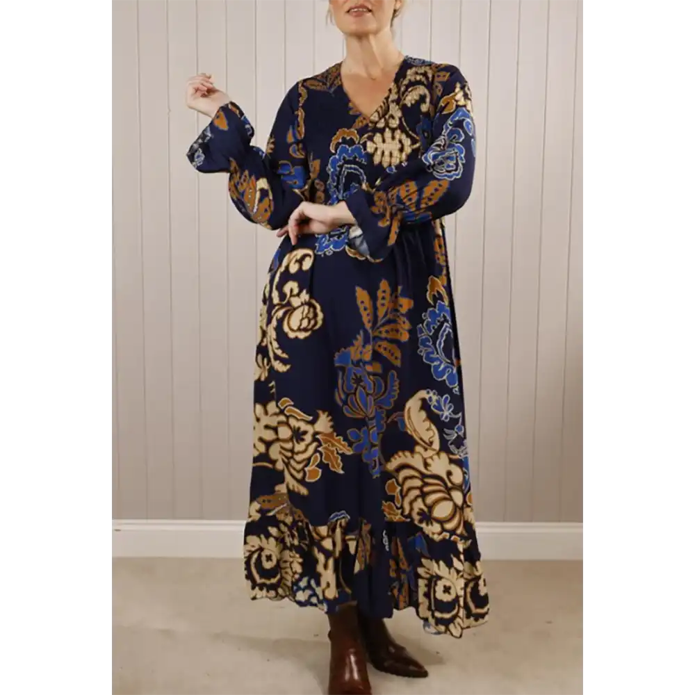 Shirred Floral Maxi Dress - Navy