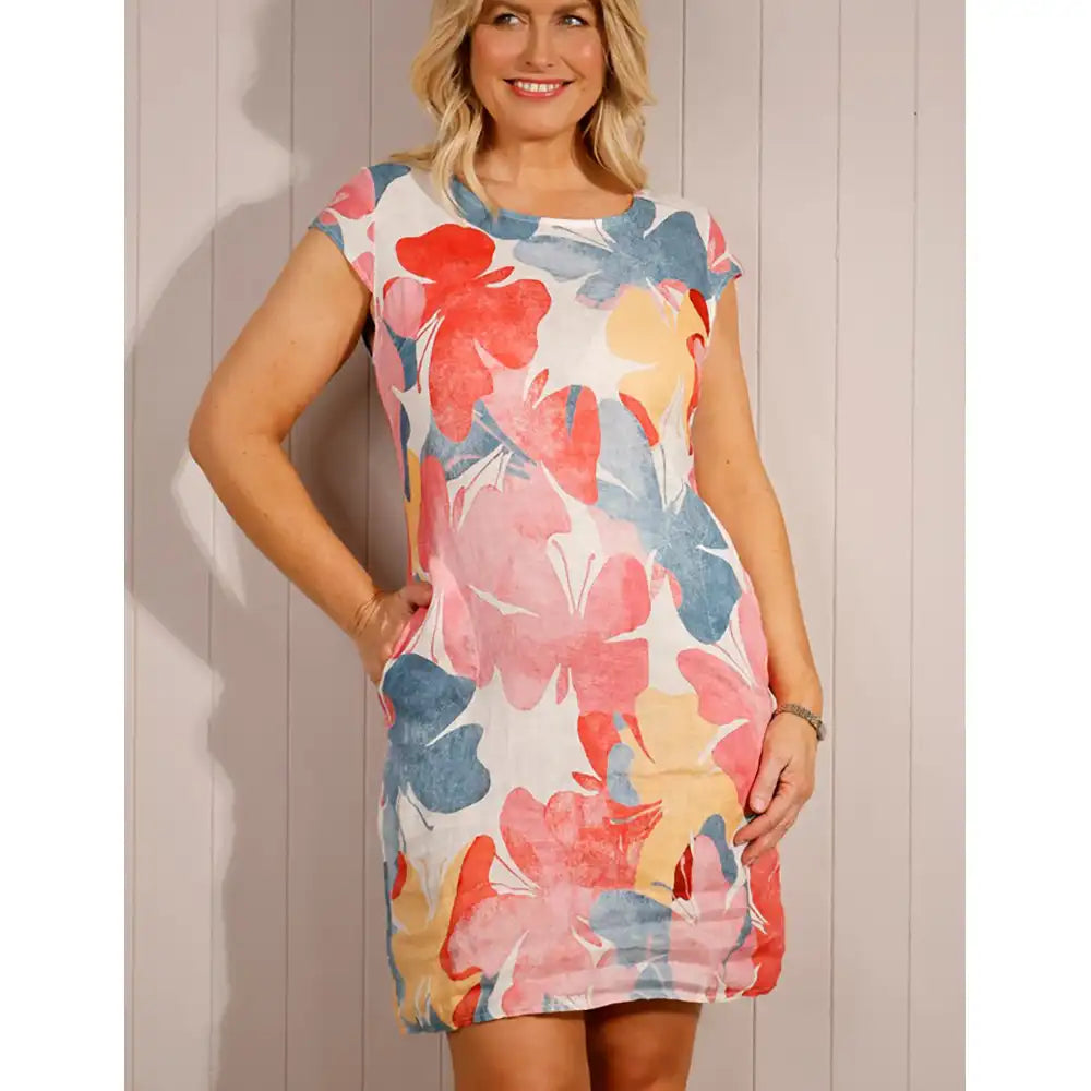 Linen Shift Dress - Floral Butterfly Denim