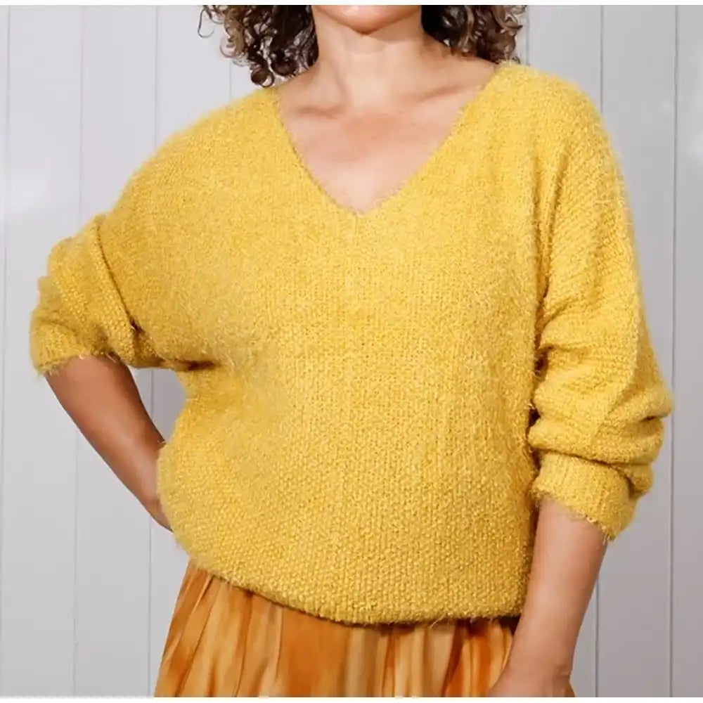 Fuzzy textured v neck jumper in mustard
