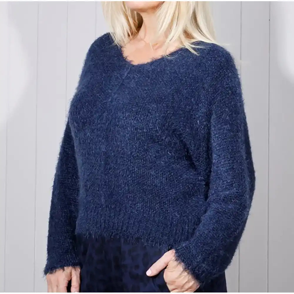 Fuzzy V Neck Jumper - Navy