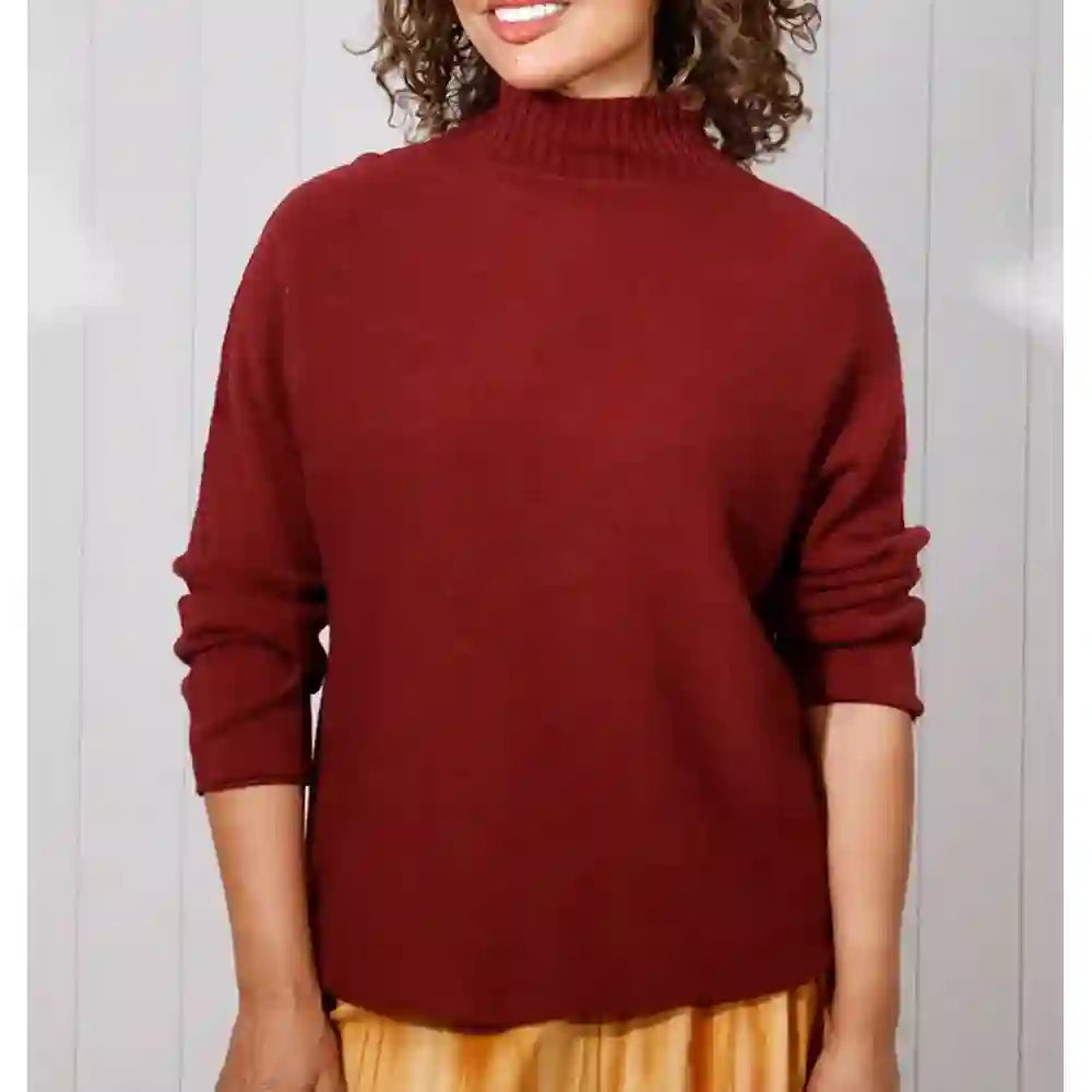 Ribbed Turtle Neck Knitted Jumper - Burgundy