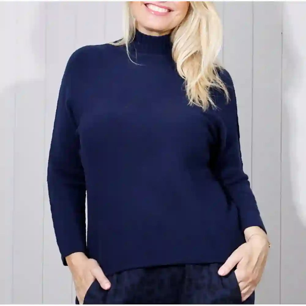 Ribbed Turtle Neck Knitted Jumper - Navy