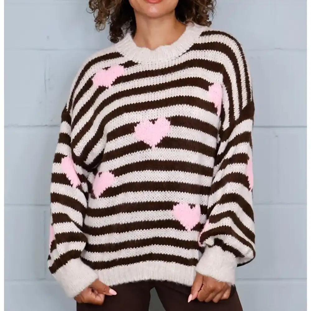 Striped Heart Lana Wool Jumper - Chocolate