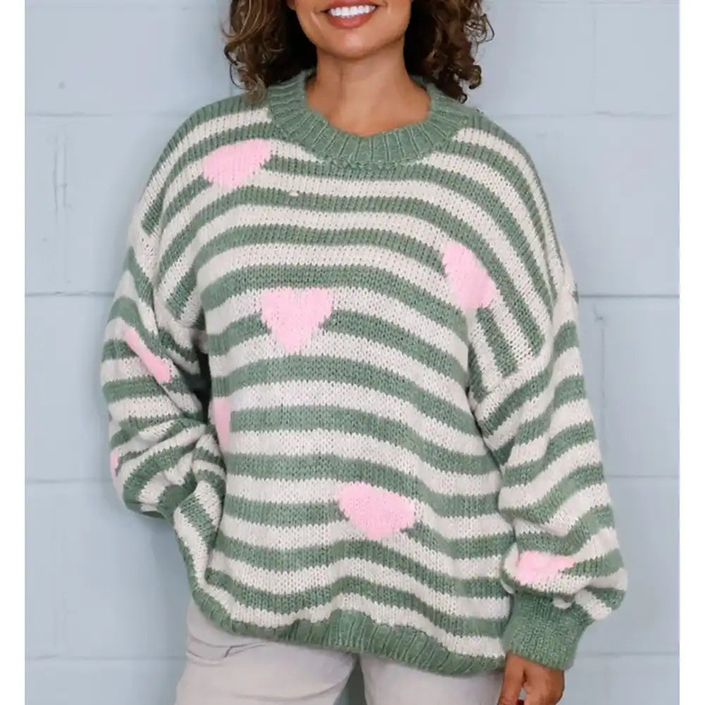 Striped Heart Lana Wool Jumper - Green