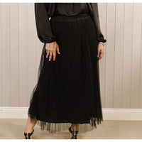 Person wearing a black dress with sheer overlay against a neutral background