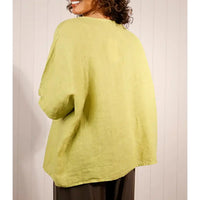 Person wearing a light green cardigan against a white background