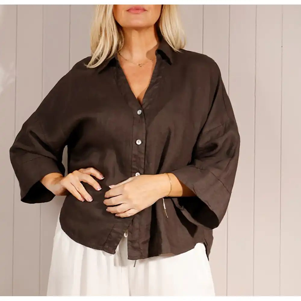 Floaty Button Linen Shirt - Chocolate