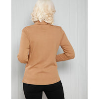 Goose Island long sleeved, polo necked camel top. Back view.