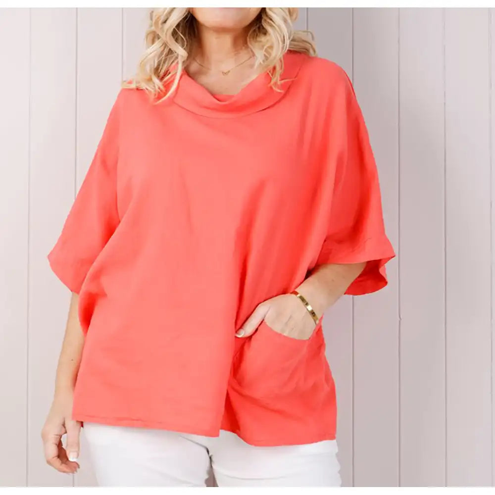 Cowl Neck Linen Top - Coral